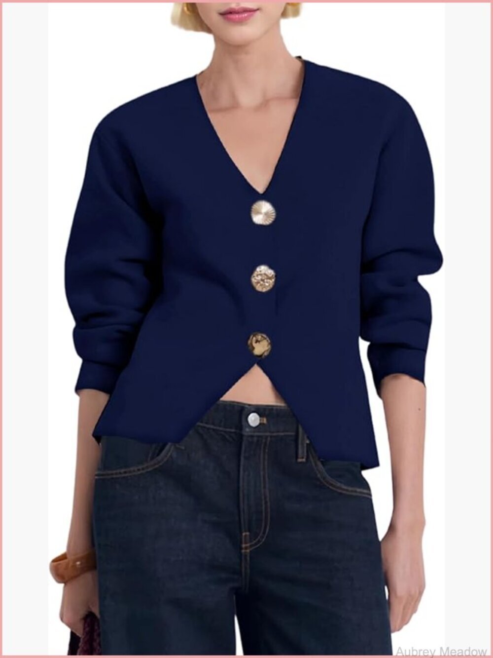 Cropped V-Neck Cardigan Long Sleeve Gold Button Knit Top